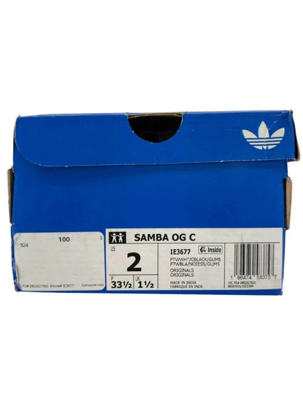 Adidas Samba OG C Sneakers Athletic Shoes White Black Sneakers Kids Size 2 NEW